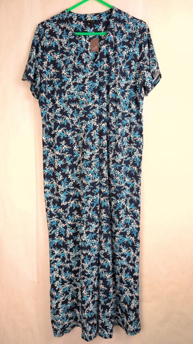 New J. Jill wearever navy blue floral maxi dress Size L Cottage Stretch Travel